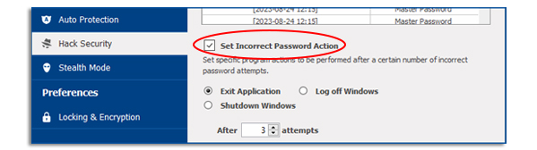 set incorrect passwords action