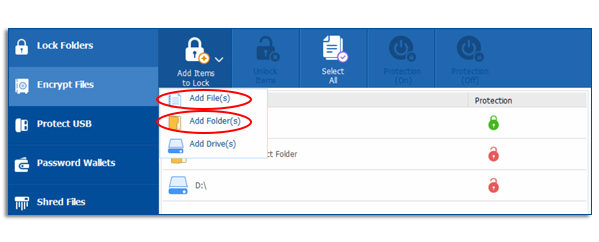 lock files list screen with file folder menu