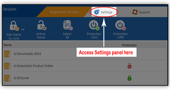 access settings panel